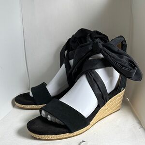 UGG Trina Black Suede Espadrille Wedge Heel Sandals with Ribbon Ties Size 9